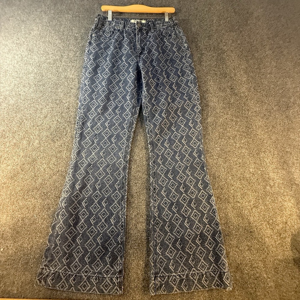 Rock & Roll Denim Womens 28x34 High Rise Trouser Flare Jeans Geometric Blue